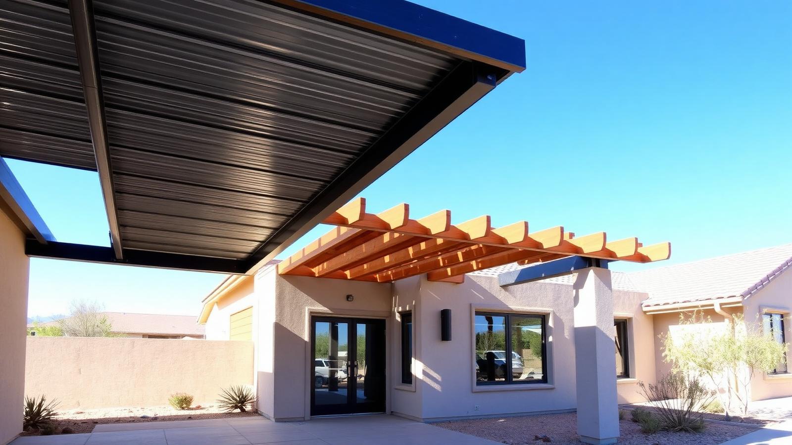 Metal carport and cedar pergola shade structure at a desert home in El Paso