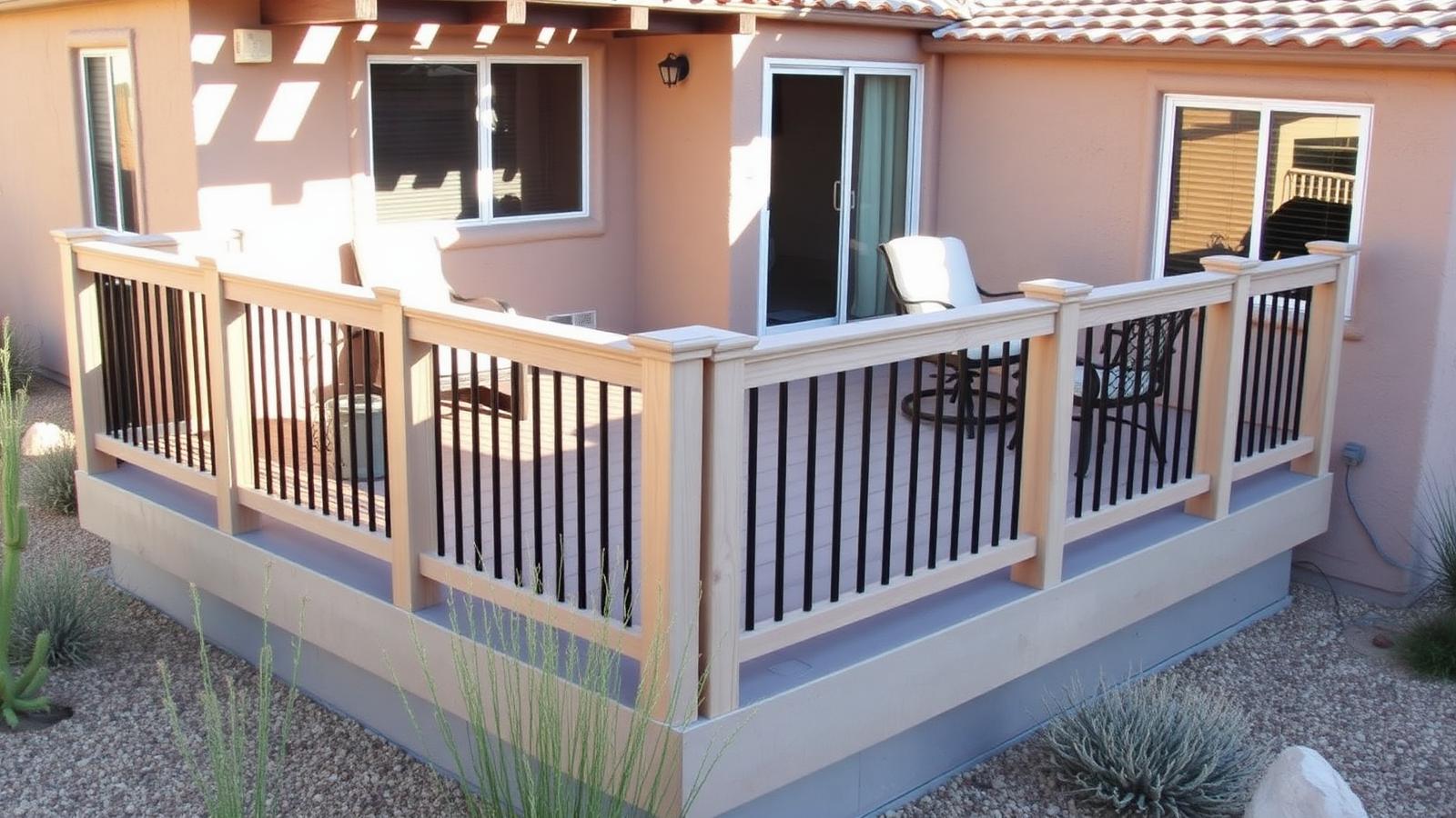 New composite deck with railing attached to a stucco home in El Paso