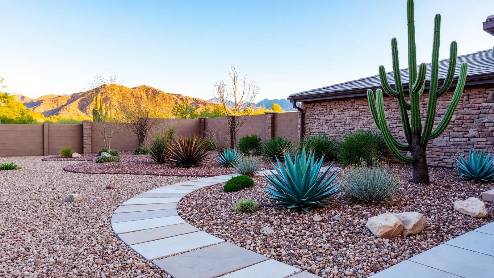 Desert xeriscape landscaping with flagstone path and stone wall at an El Paso home