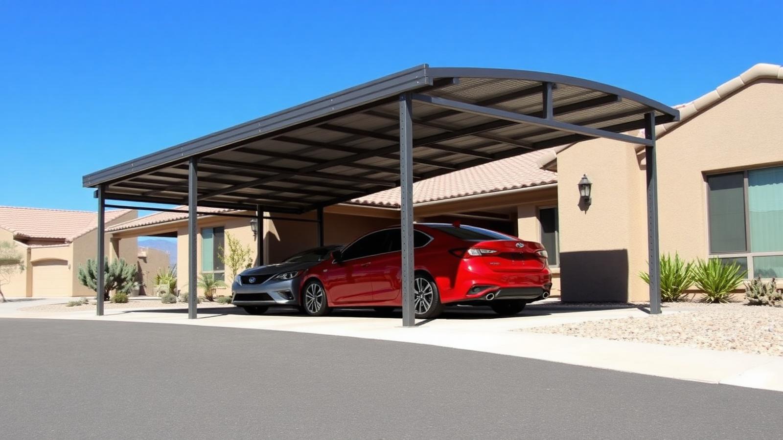 Metal carport shading vehicles beside a stucco home in El Paso