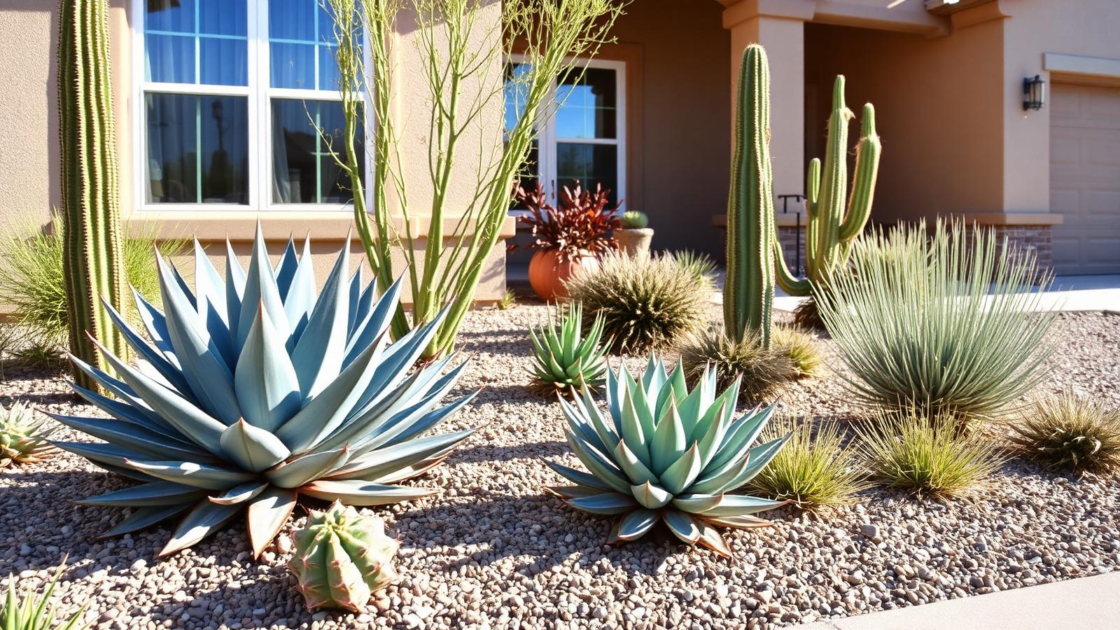 Desert landscaping with agave, ocotillo, and gravel beds at an El Paso home