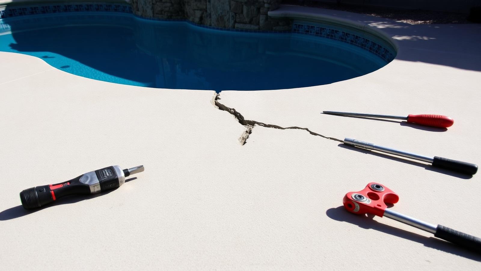 Cracked concrete pool deck being repaired beside a swimming pool in El Paso