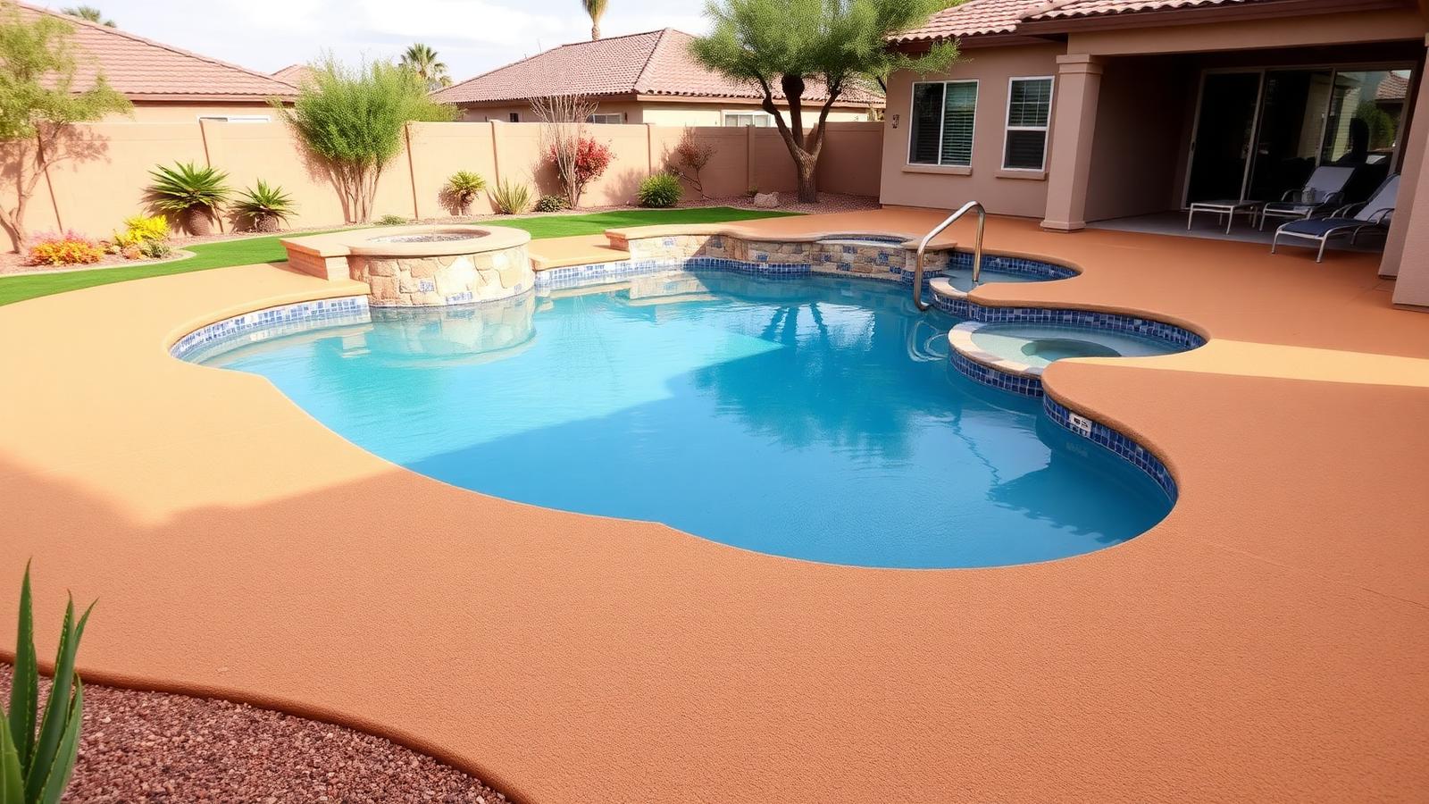 Freshly resurfaced cool-deck coating around a backyard pool in El Paso